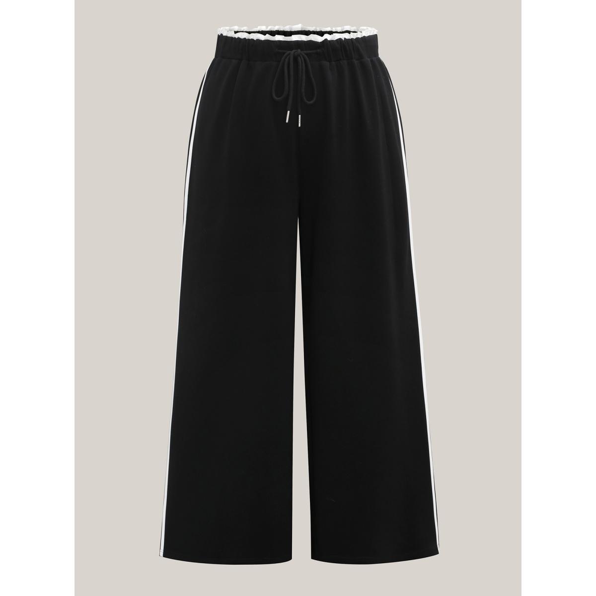 Plus Size Contrast Lines Drawstring Wide-Leg Pants Women Black Casual Wide Leg Mid Rise Everyday-Casual Pants BloomChic 30/6X Product Image