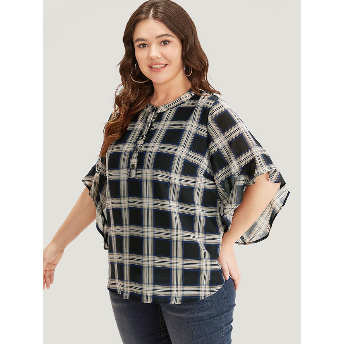 Plus Size Black Plaid Button Up Ruffles Bell Sleeve Blouse Women Office Half Sleeve Shirt collar Work Blouses BloomChic 14-16/1X Product Image