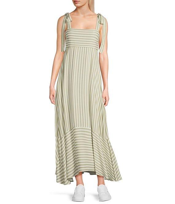 Blu Pepper Striped Square Neck Tie Shoulder Maxi Dress Product Image