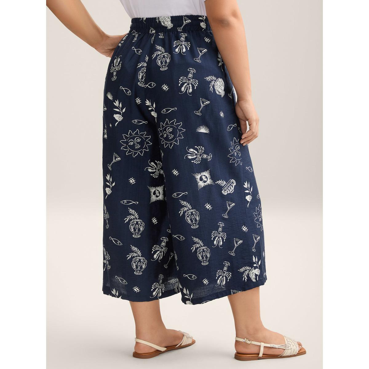 Plus Size Marine Print Flowy Wide-Leg Pants Women Indigo Resort Wide Leg Mid Rise Vacation Pants BloomChic 14-16/1X Product Image