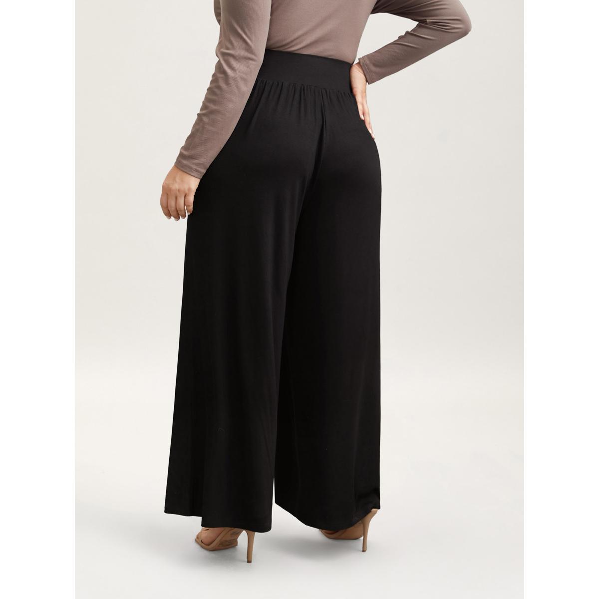 Plus Size Stretchy Waist Straight-Leg Pants Women Black Leisure Wide Leg Mid Rise Casual Pants BloomChic 18-20/2X Product Image