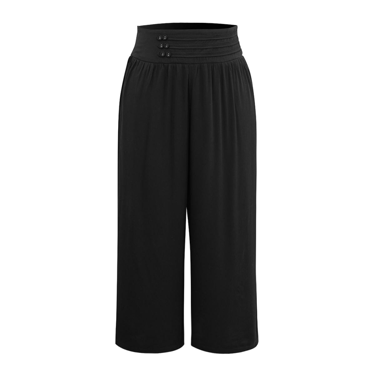 Plus Size Solid Elastic Waist Button Detail Wide Leg Pants Women Black Casual Wide Leg High Rise Dailywear Pants BloomChic 12/L Product Image