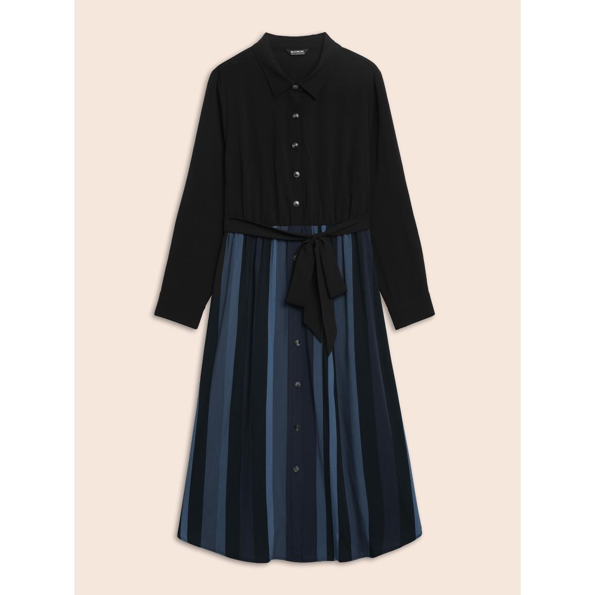 Plus Size Colour Striped Patchwork Belted Button Through Dress Midnight Women Office Belted Shirt collar Long Sleeve Curvy Midi Dress BloomChic 22-24/3X Product Image