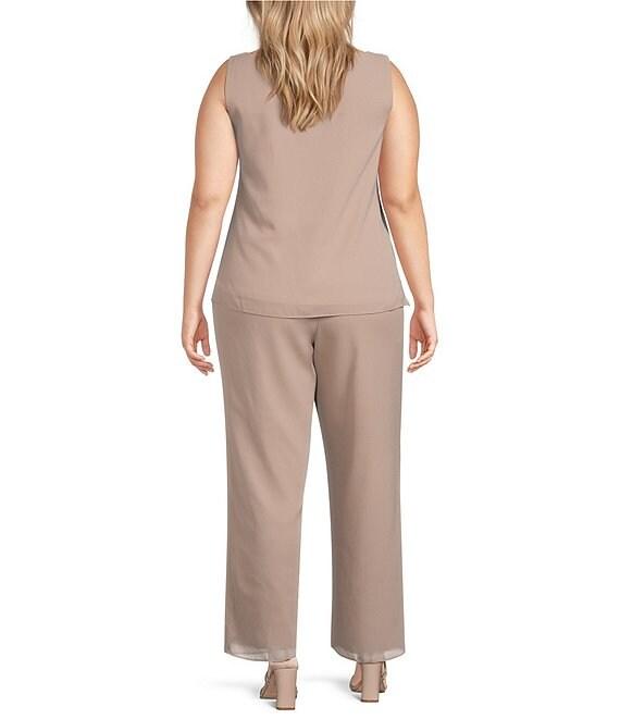 Le Bos Plus Size Georgette 3/4 Bell Sleeve Embroidered Sequin Scoop Neck 3-Piece Pant Set Product Image