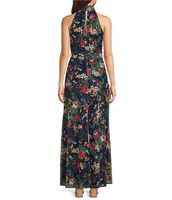 Anne Klein Mesh Floral Print Mock Neck Sleeveless Ruffle Blouson Maxi Dress Product Image