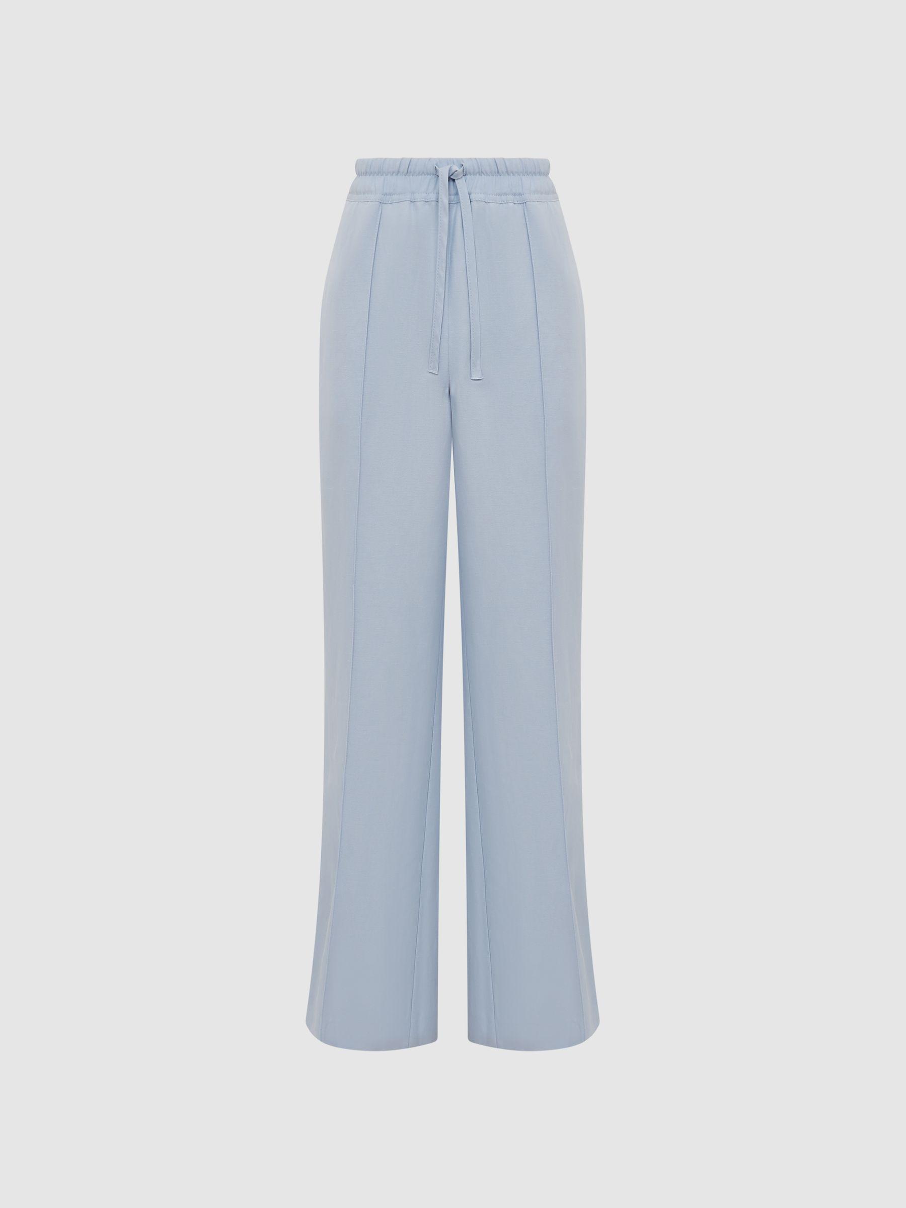 Linen Blend Pull On Trousers in Blue Product Image