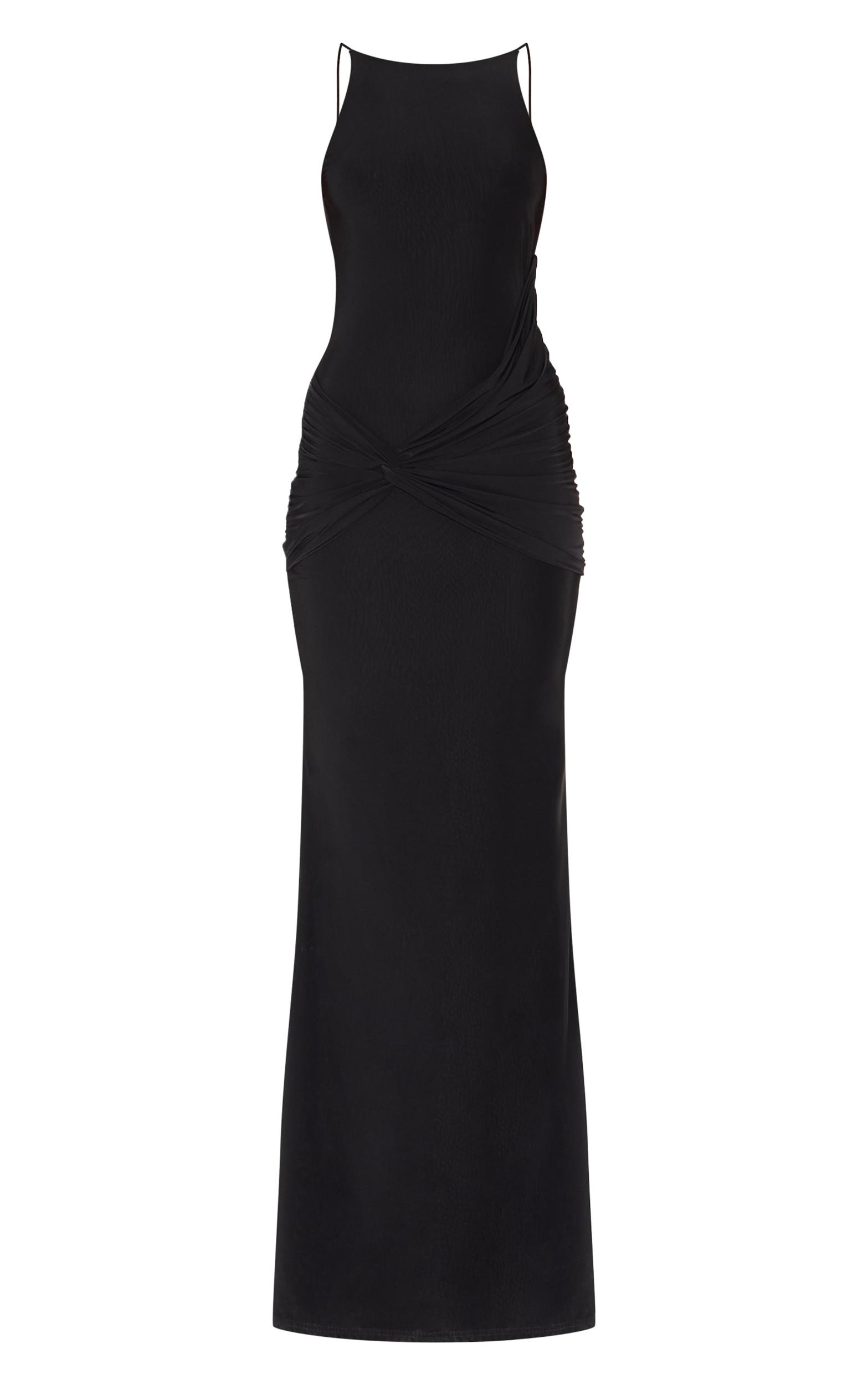 Black Double Layer Slinky Twisted Front Halter Neck Maxi Dress Product Image