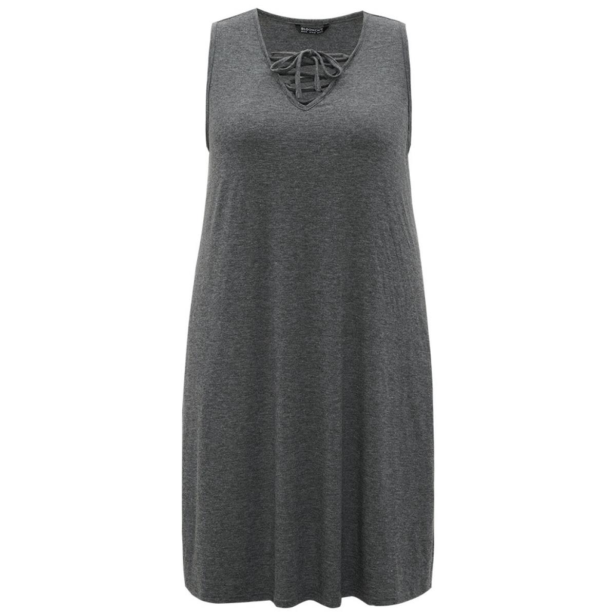 Plus Size Plain Pocket Lace Up Sleeveless Dress DimGray Women Casual Plain V-neck Sleeveless Curvy Midi Dress BloomChic 28/5X Product Image