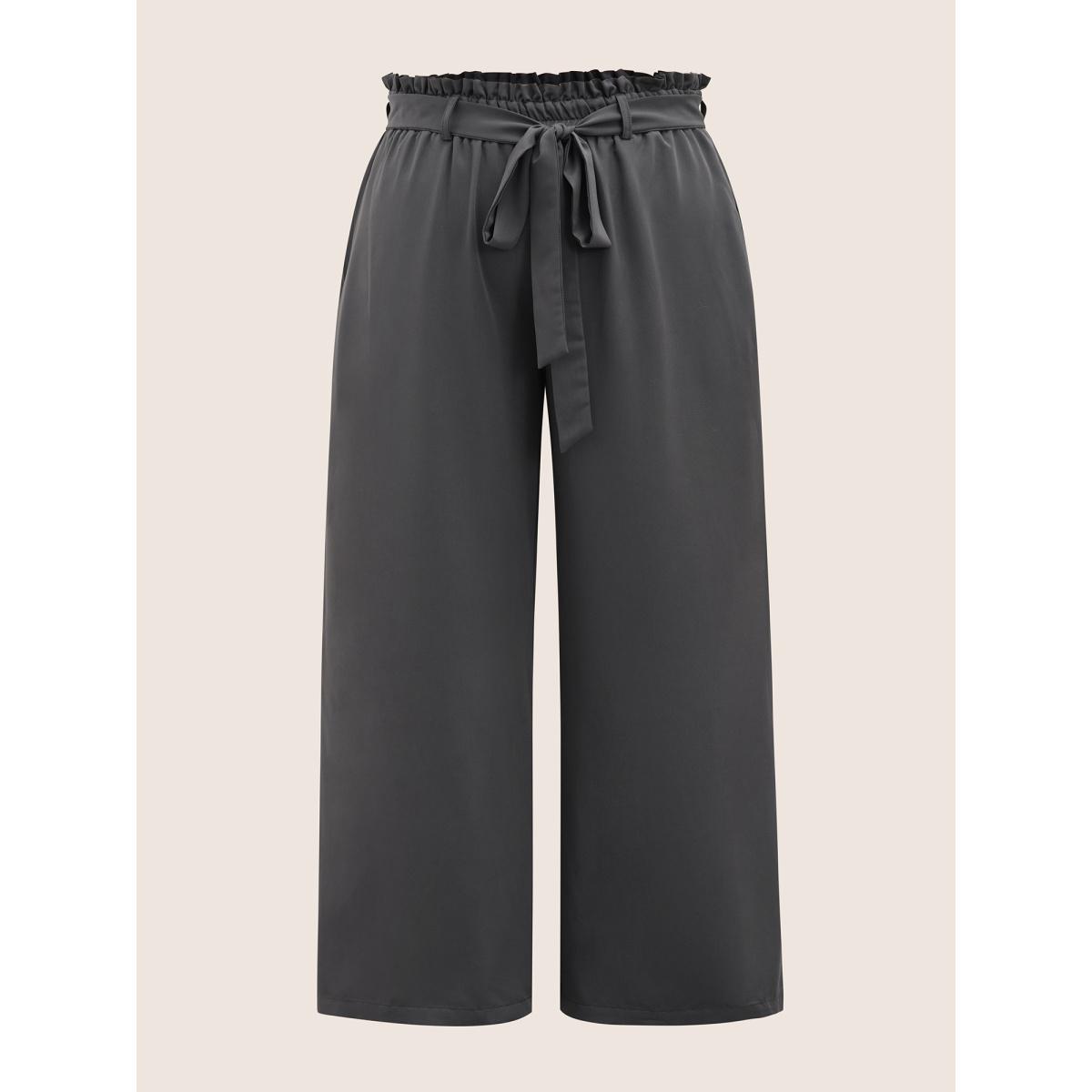 Plus Size Plain Paperbag Waist Belted Wide Leg Pants Women DimGray Elegant Wide Leg High Rise Everyday Pants BloomChic 14-16/1X Product Image