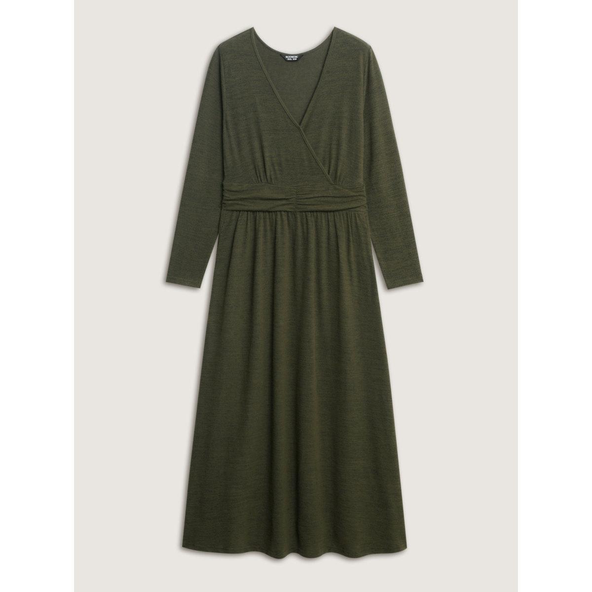 Plus Size Pleated Waist Wrap Neckline Knit Maxi Dress ArmyGreen Women Leisure Overlapping Knit Dresses Bloomchic 22-24/3X Product Image