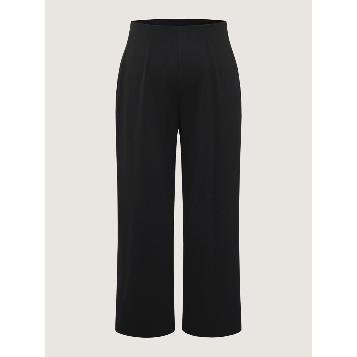 Plus Size Solid Elastic Waist Pleated Wide Leg Pants Women Black Office Wide Leg Mid Rise Office Pants BloomChic 10/M Product Image