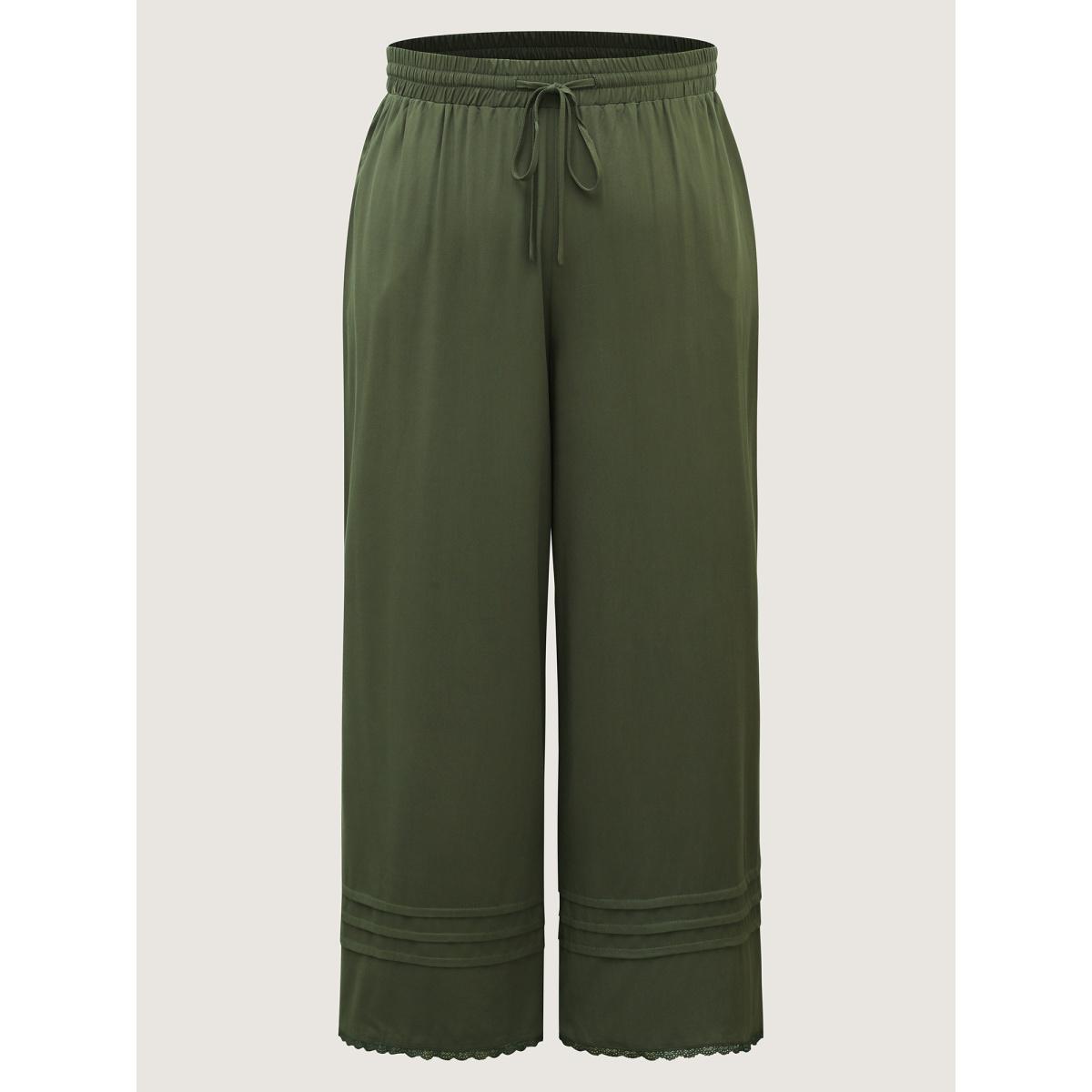 Plus Size Waist Drawstring Wide-Leg Pleated Pants Women ArmyGreen Beach Wide Leg Mid Rise Vacation Pants BloomChic 30/6X Product Image