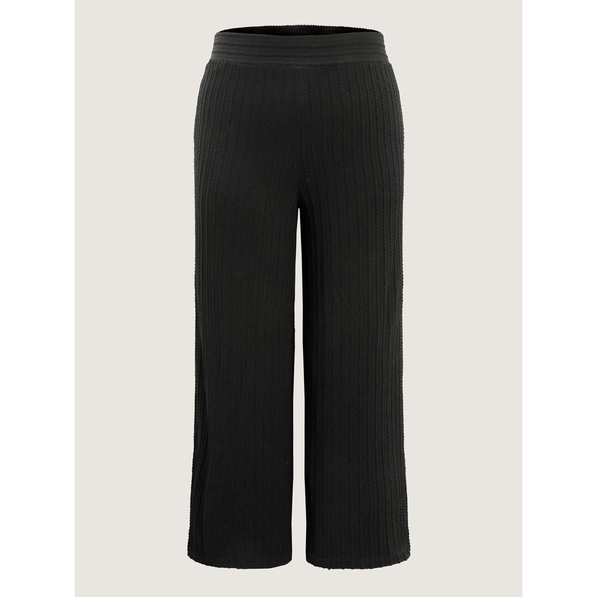 Plus Size Stretchy Cable Knit Wide Leg Pants Women Pureblack Leisure Wide Leg Mid Rise Casual Pants BloomChic 22-24/3X Product Image