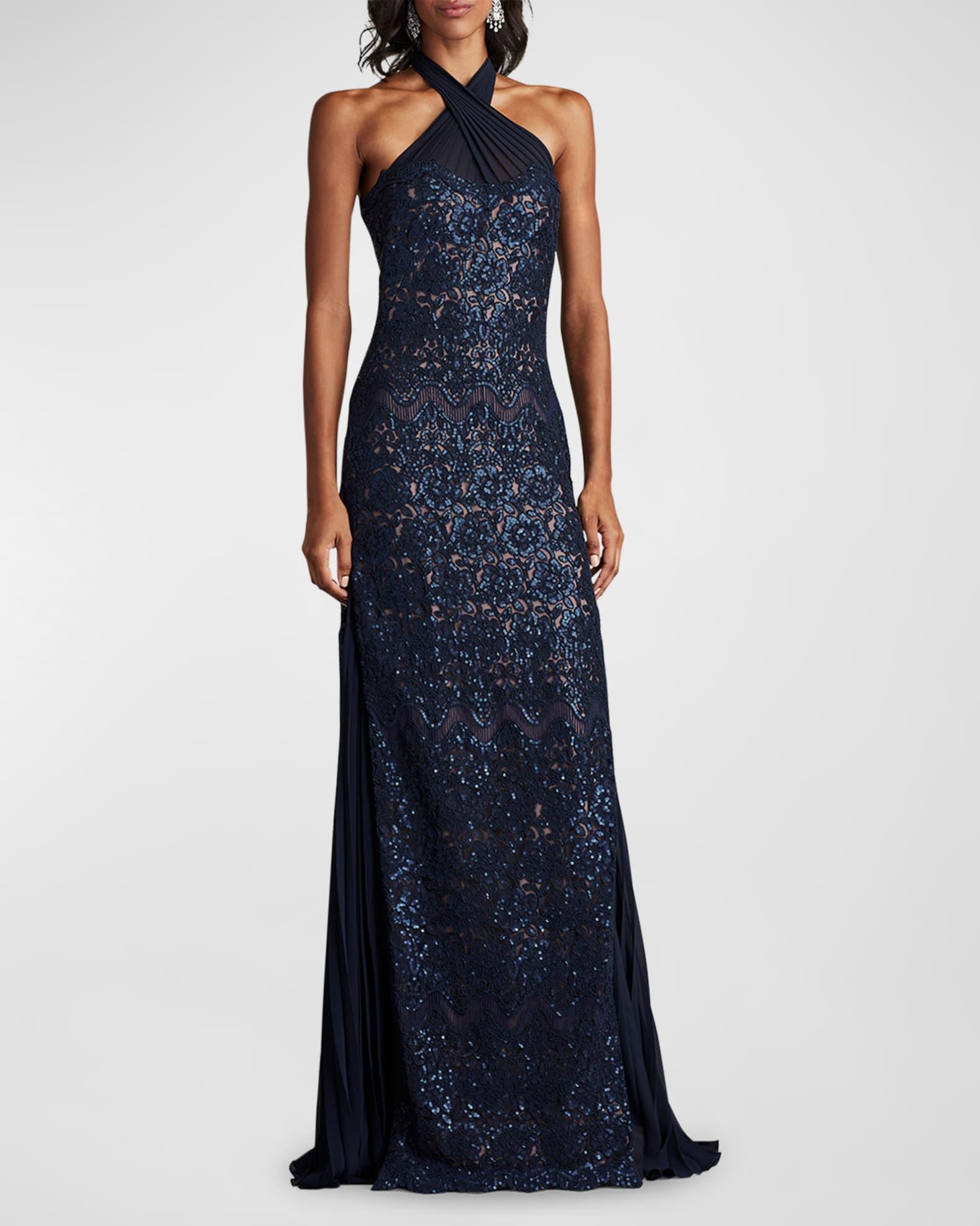 Sleeveless Sequin Floral Lace Halter Gown Product Image