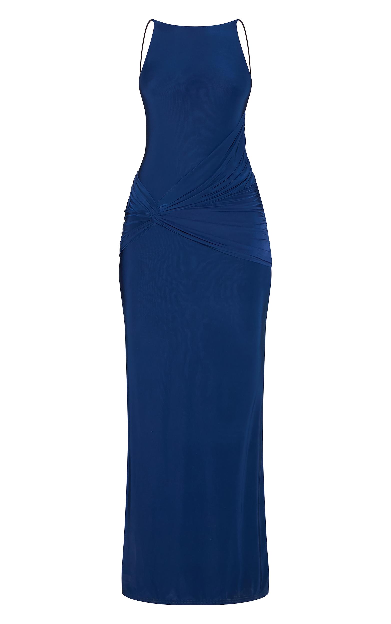 Navy Double Layer Slinky Twited Front Halter Neck Maxi Dress Product Image