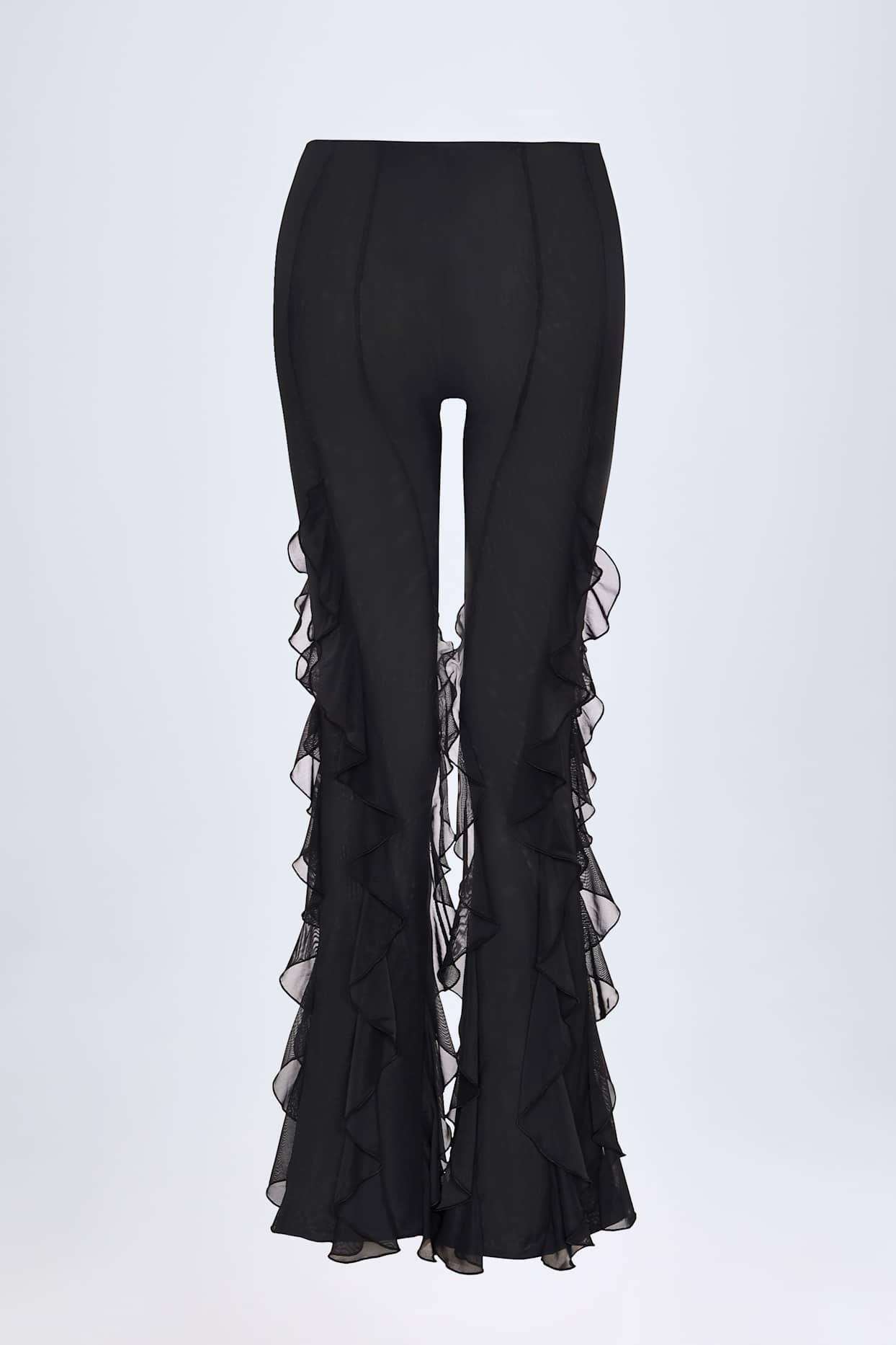 Ruffled Mid-Rise Flared Trousers in Black Product Image
