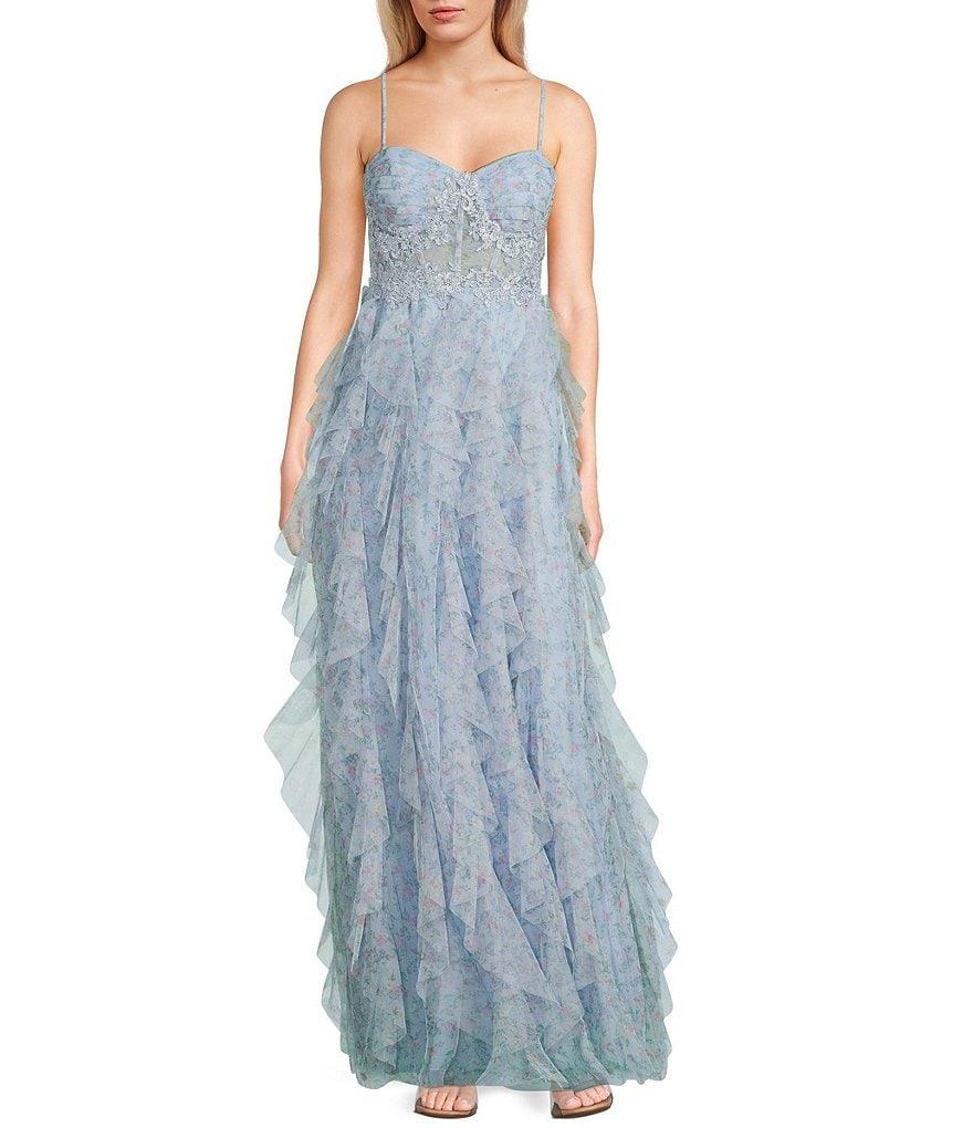 City Vibe Floral Tulle Spaghetti Strap Sweetheart Neck Ruffled Dress Product Image