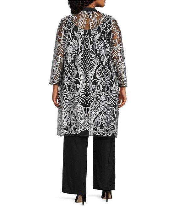 R & M Richards Plus Size 3/4 Sleeve Scoop Neck Embellished Sequin Jacket 3-Piece Pant Set Product Image