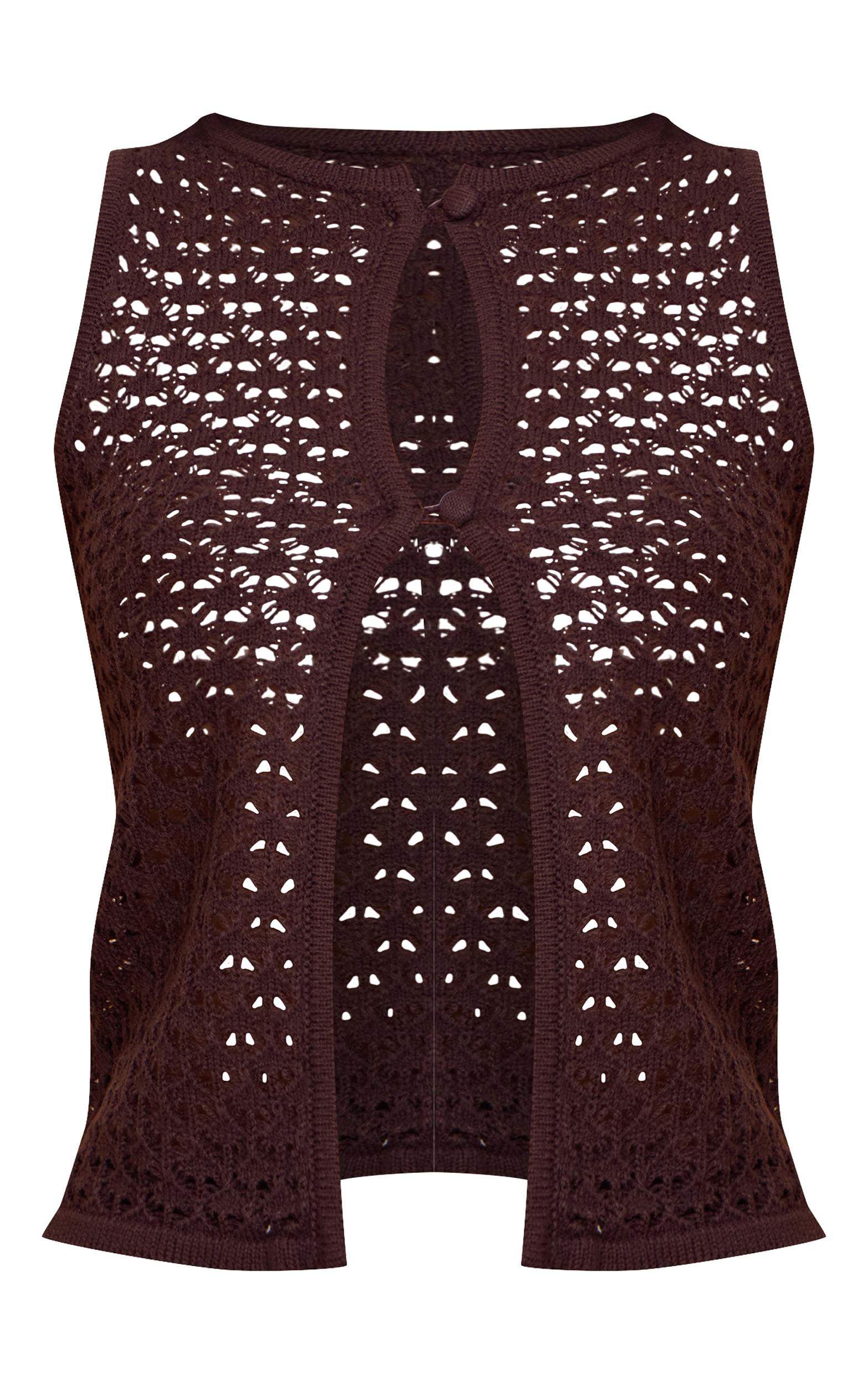  Chocolate Crochet Knit Cut Out Pearled Button Vest Top Product Image