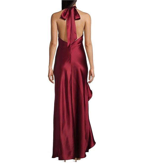 Morgan & Co. Satin Y-Neck Halter Ruffle Dress Product Image