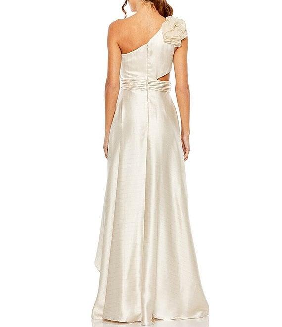 Mac Duggal Satin Ruffle Asymmetrical Neck Sleeveless Side Cut-Out High-Low Gown Product Image