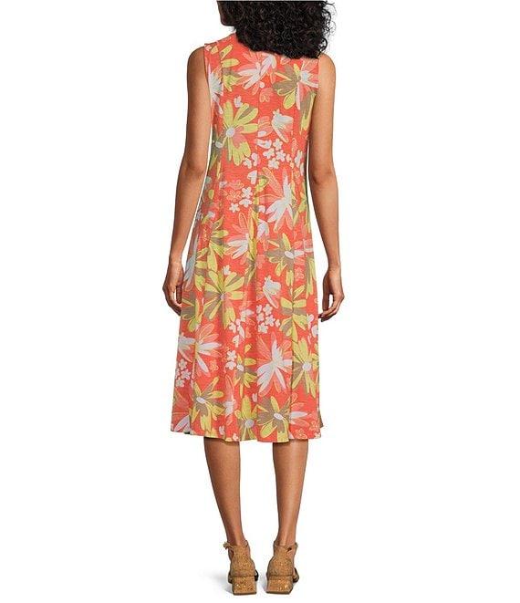 Multiples Melon Floral Print Slub Knit Scoop Neck Sleeveless Fit & Flare Midi Dress Product Image