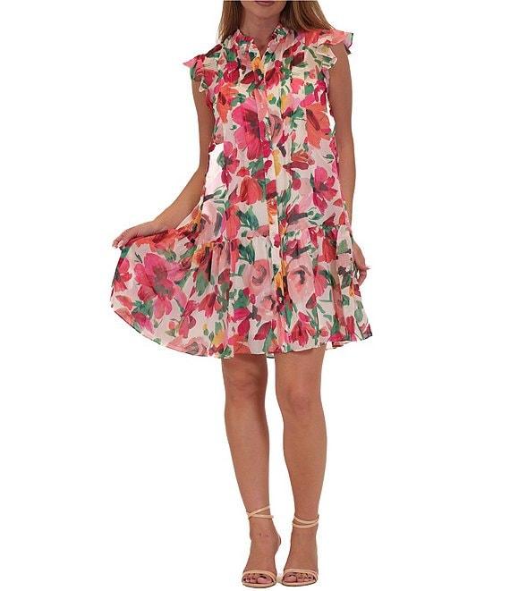 Julia Jordan Ruffle Shoulder Floral Print Chiffon Shift Dress Product Image
