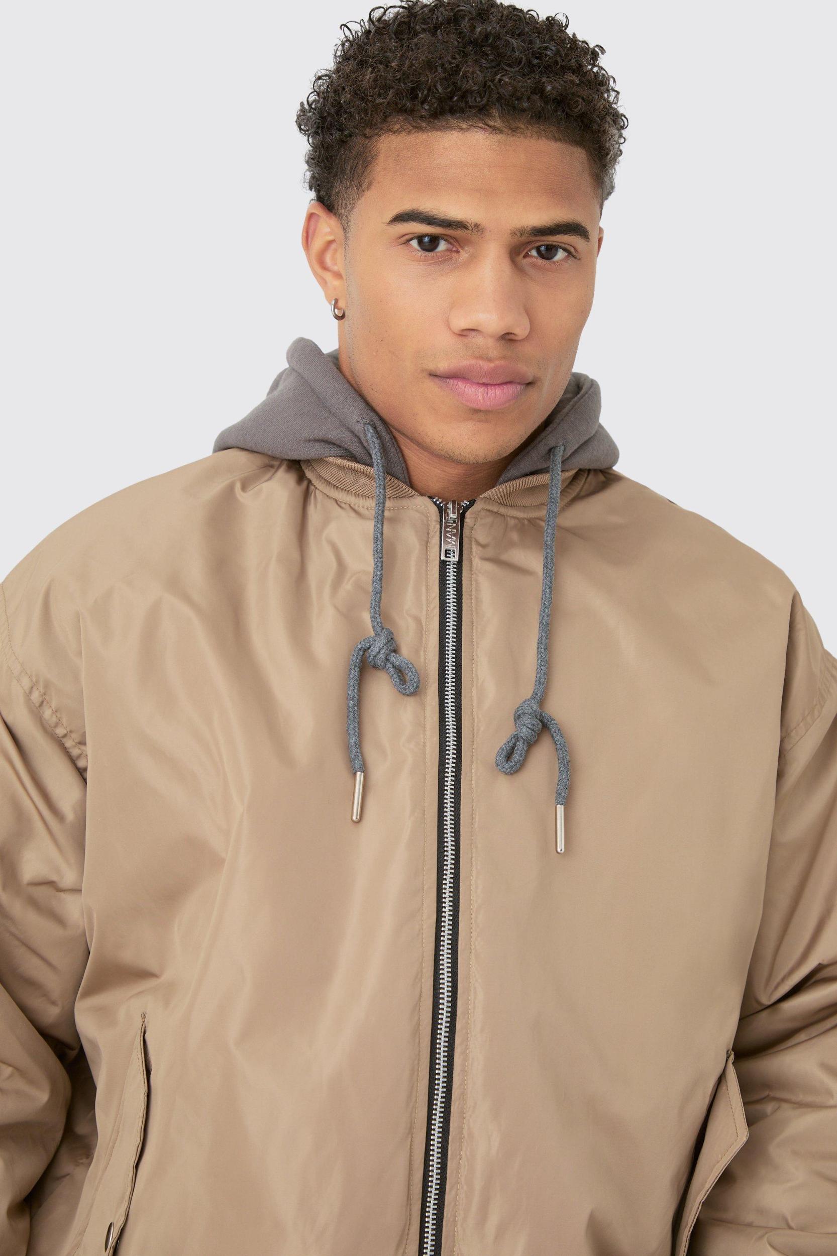 Oversized Hooded Ma1 Bomber Jacket In Stone | boohooMAN USA Product Image