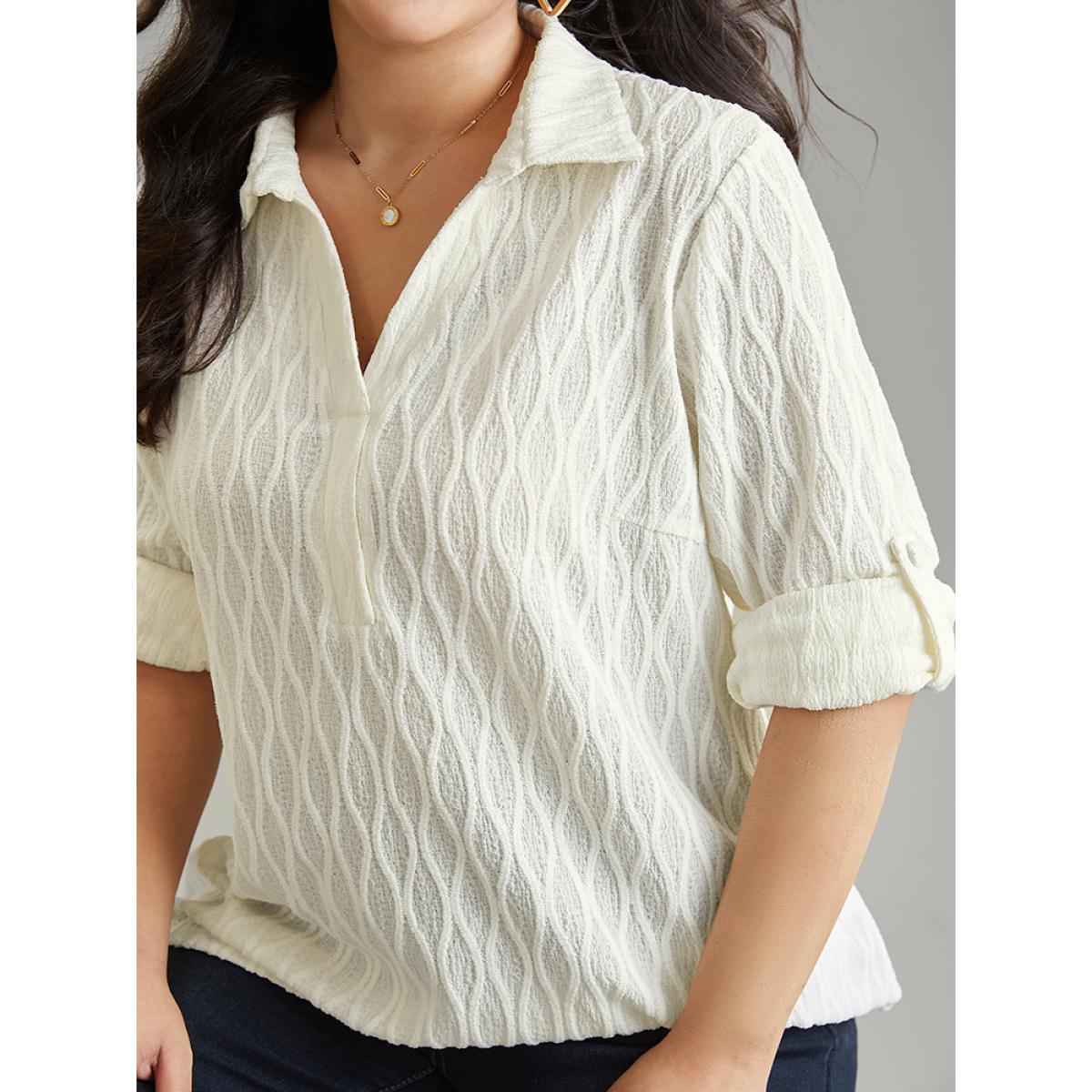 Plus Size Ivory Plain Shirt Collar Tab Sleeve Jacquard Blouse Women Casual Long Sleeve Shirt collar Office Blouses BloomChic 12/L Product Image