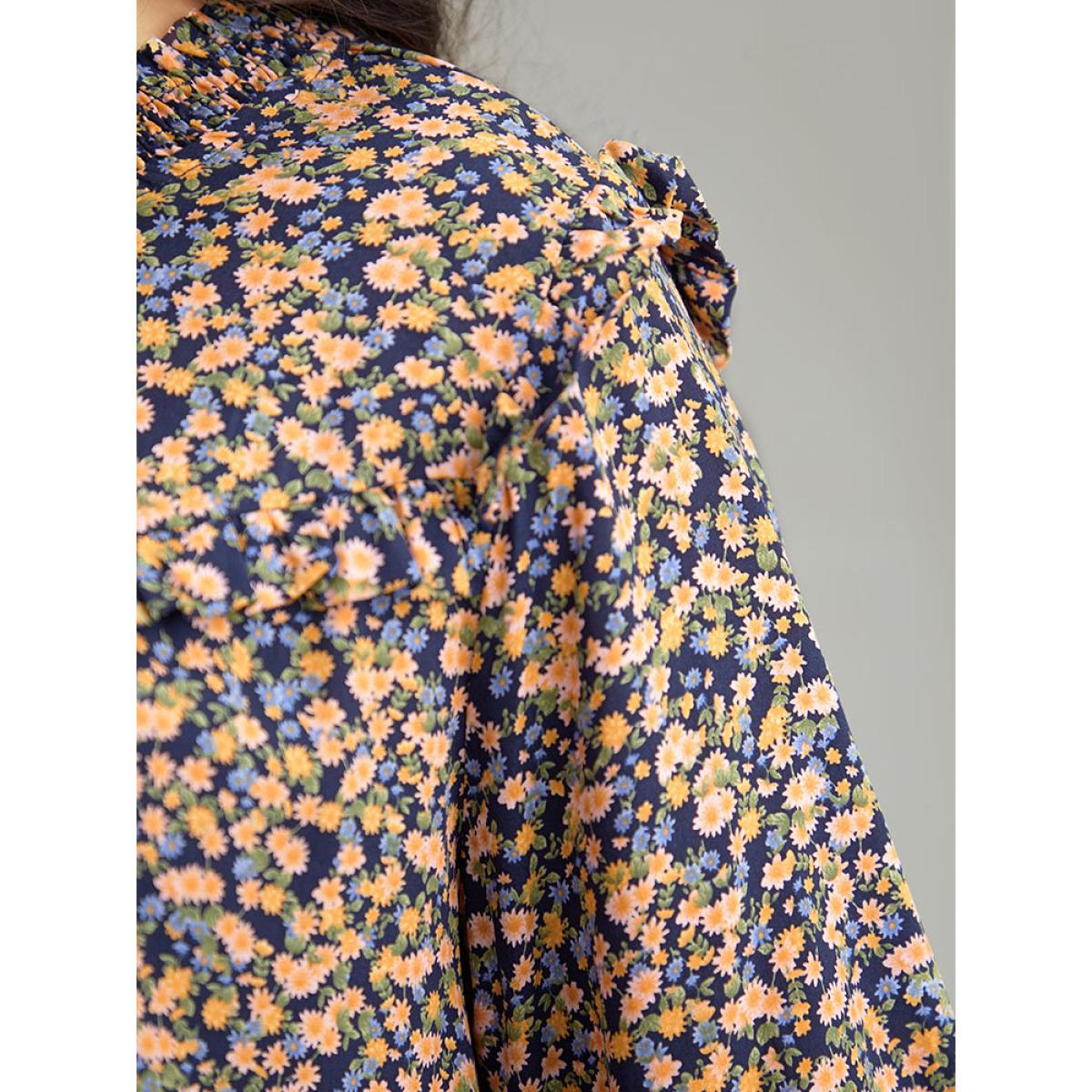 Plus Size Multicolor Ditsy Floral Shirred Ruffle Trim Blouse Women Elegant Long Sleeve Halter neck Dailywear Blouses BloomChic 14-16/1X Product Image