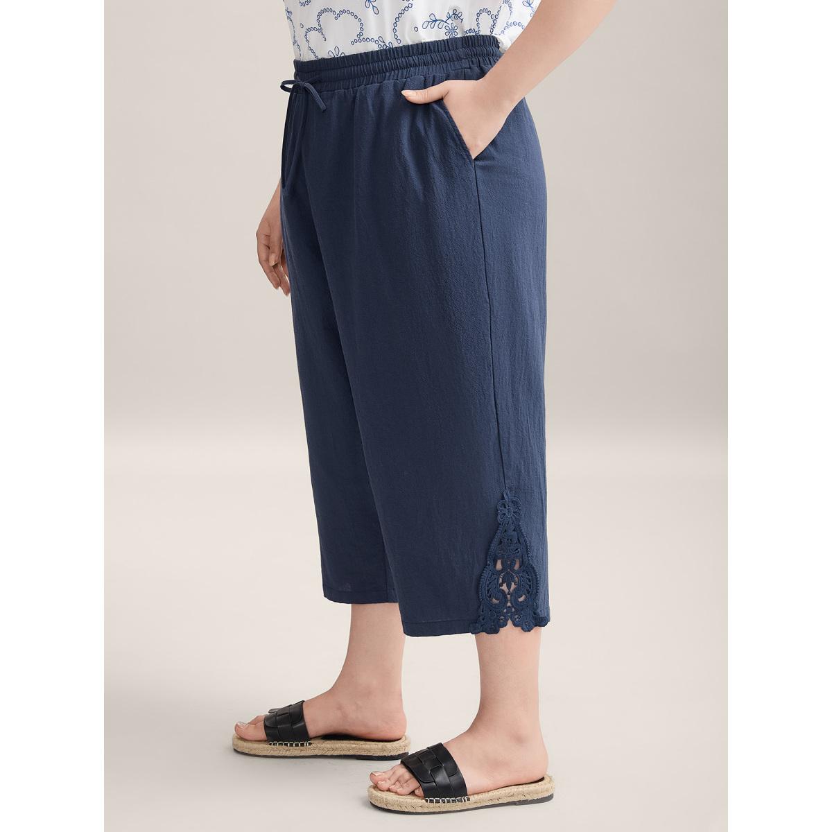Plus Size Lace Cut-Out Straight-Leg Plain Pants Women Indigo Boho Straight Leg Mid Rise Vacation Pants BloomChic 22-24/3X Product Image