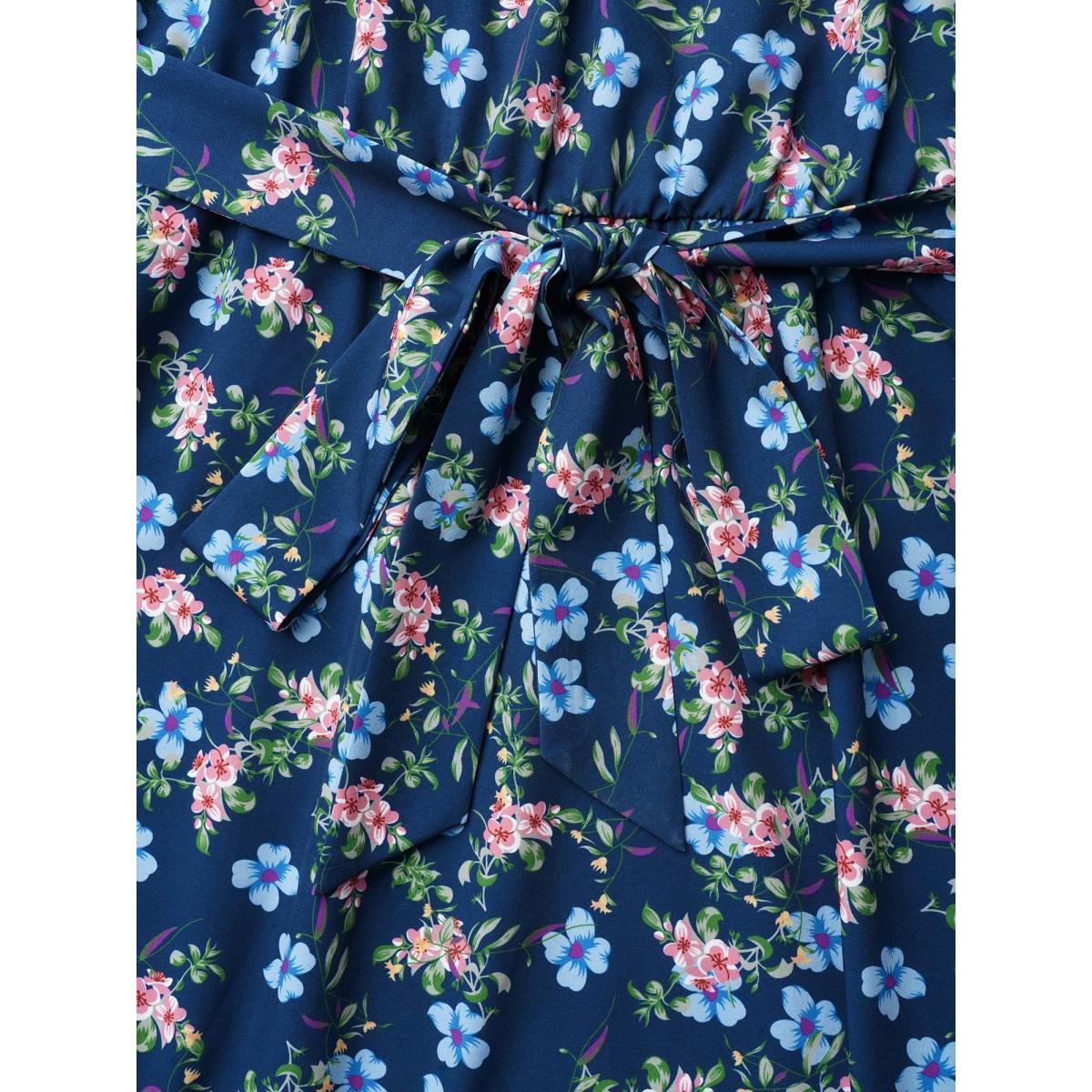 Plus Size Floral Print Belted Stretchy Waist Midi Dress Navy Women Timeless Gathered Halter neck Sleeveless Curvy BloomChic 26/4X Product Image