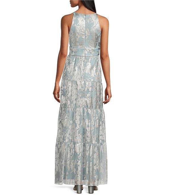 R & M Richards Foil Mesh Print Pleated Foil Printed Sleeveless Keyhole Halter Neck Dress Product Image