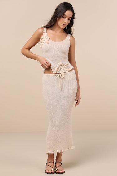 Mimi Cream Semi-Sheer Knit Drawstring Midi Skirt Product Image