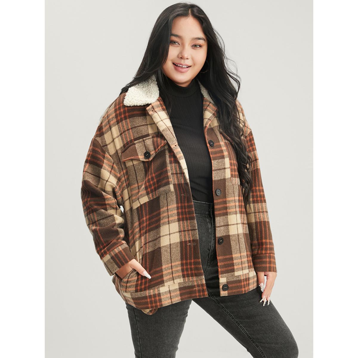 Plus Size Plaid Flap Pocket Button Up Coat Women Chocolate Casual Contrast Ladies Dailywear Winter Coats BloomChic 14-16/1X Product Image