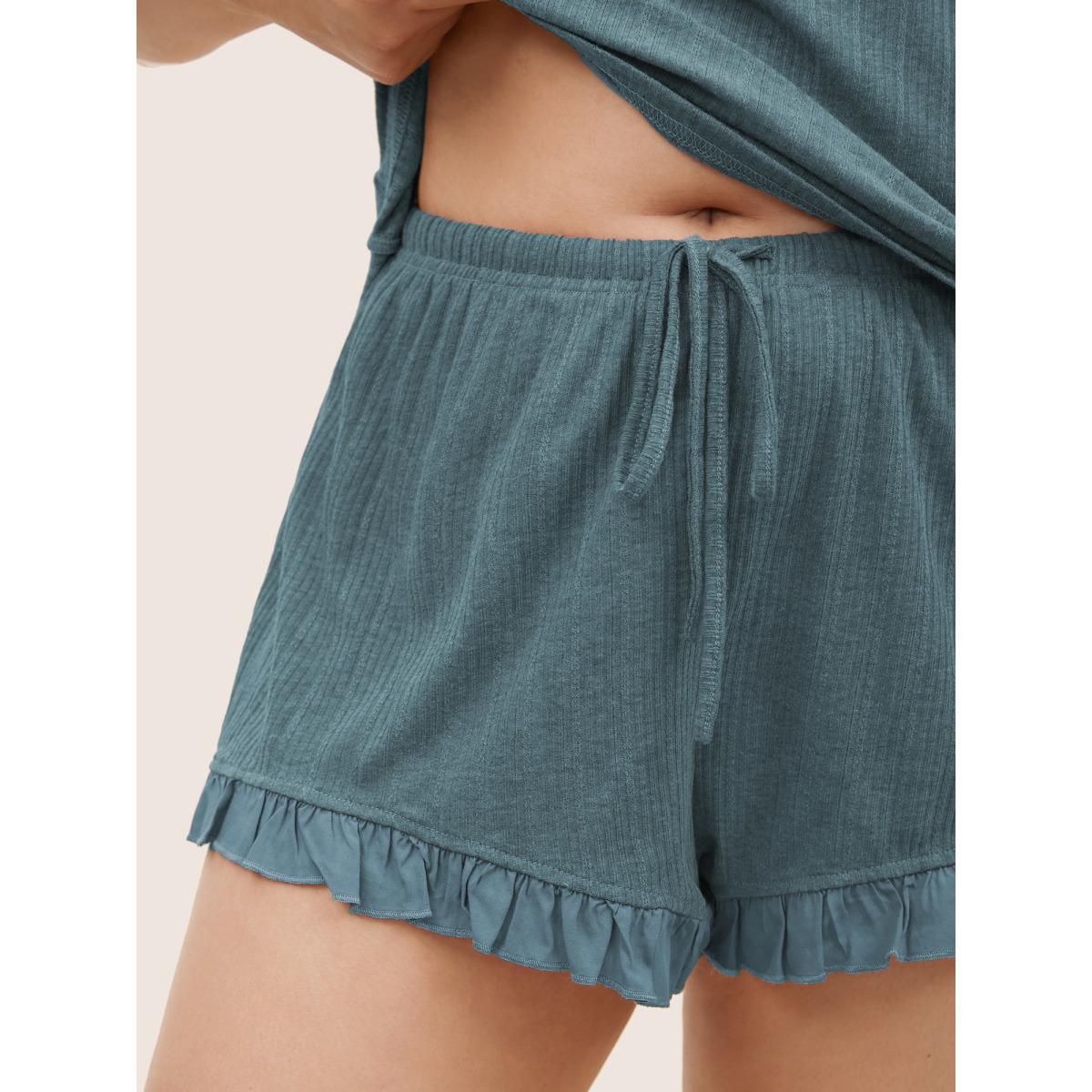 Plus Size Texture Patchwork Ruffles Drawstring Loungewear Set Women Teal Texture Sleeveless Non Lounge Loungewear Sets BloomChic 28/5X Product Image