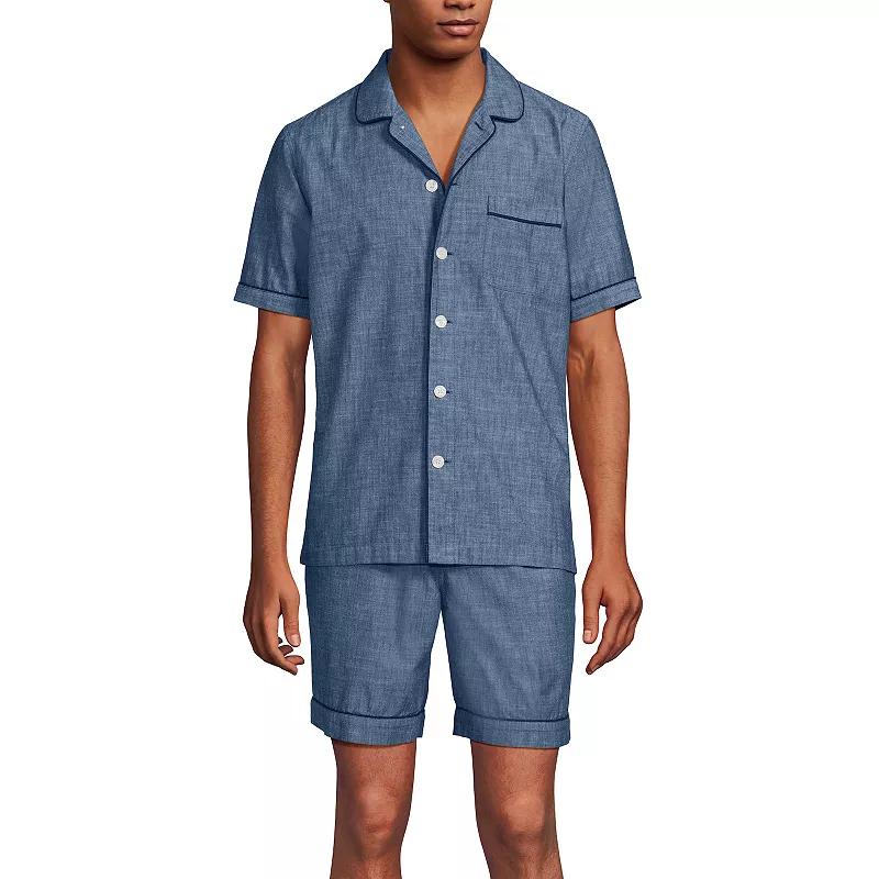Men's Lands' End Essential Short Sleeve Top & Shorts Pajama Set, Size: Large, Egret White Stripe Product Image