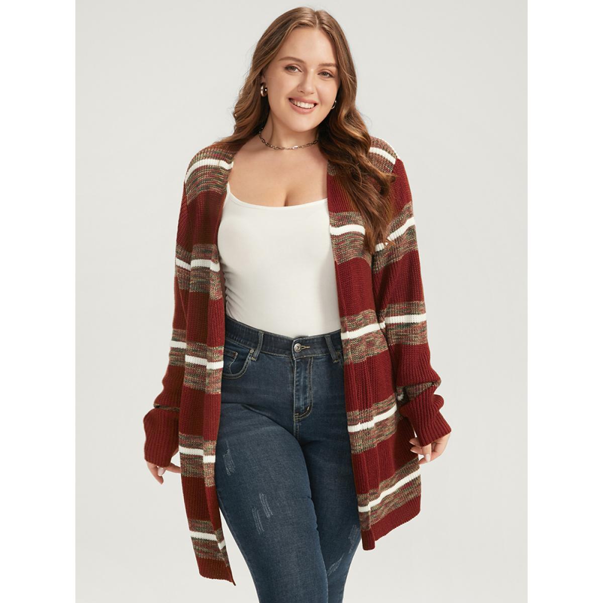 Plus Size Striped Contrast Pointelle Knit Open Front Heather Cardigan Burgundy Women Casual Loose Long Sleeve Dailywear Cardigans BloomChic 26/4X Product Image