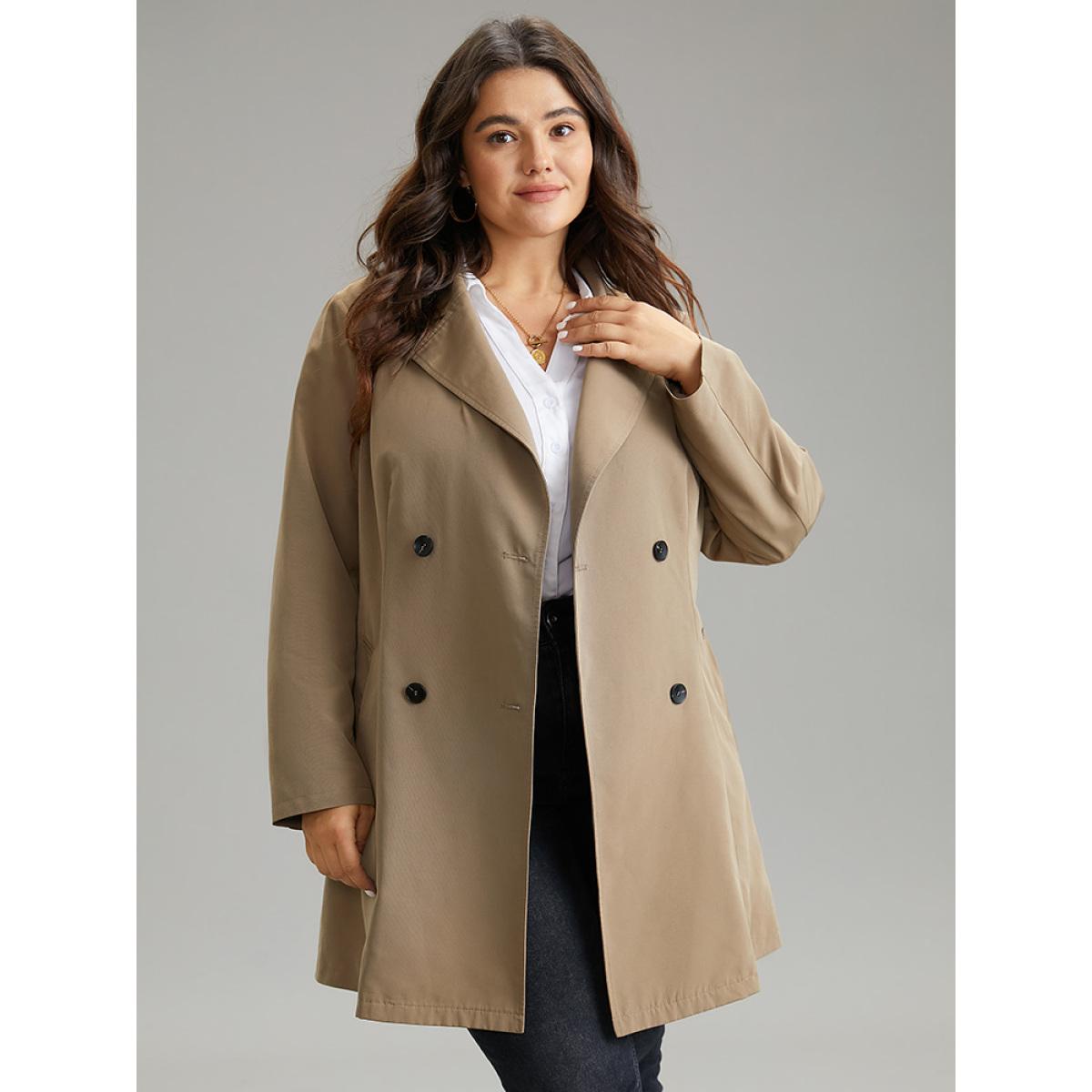 Plus Size Plain Double Breasted Belted Lapel Collar Coat Women LightBrown Casual Plain Ladies Dailywear Winter Coats BloomChic 28/5X Product Image