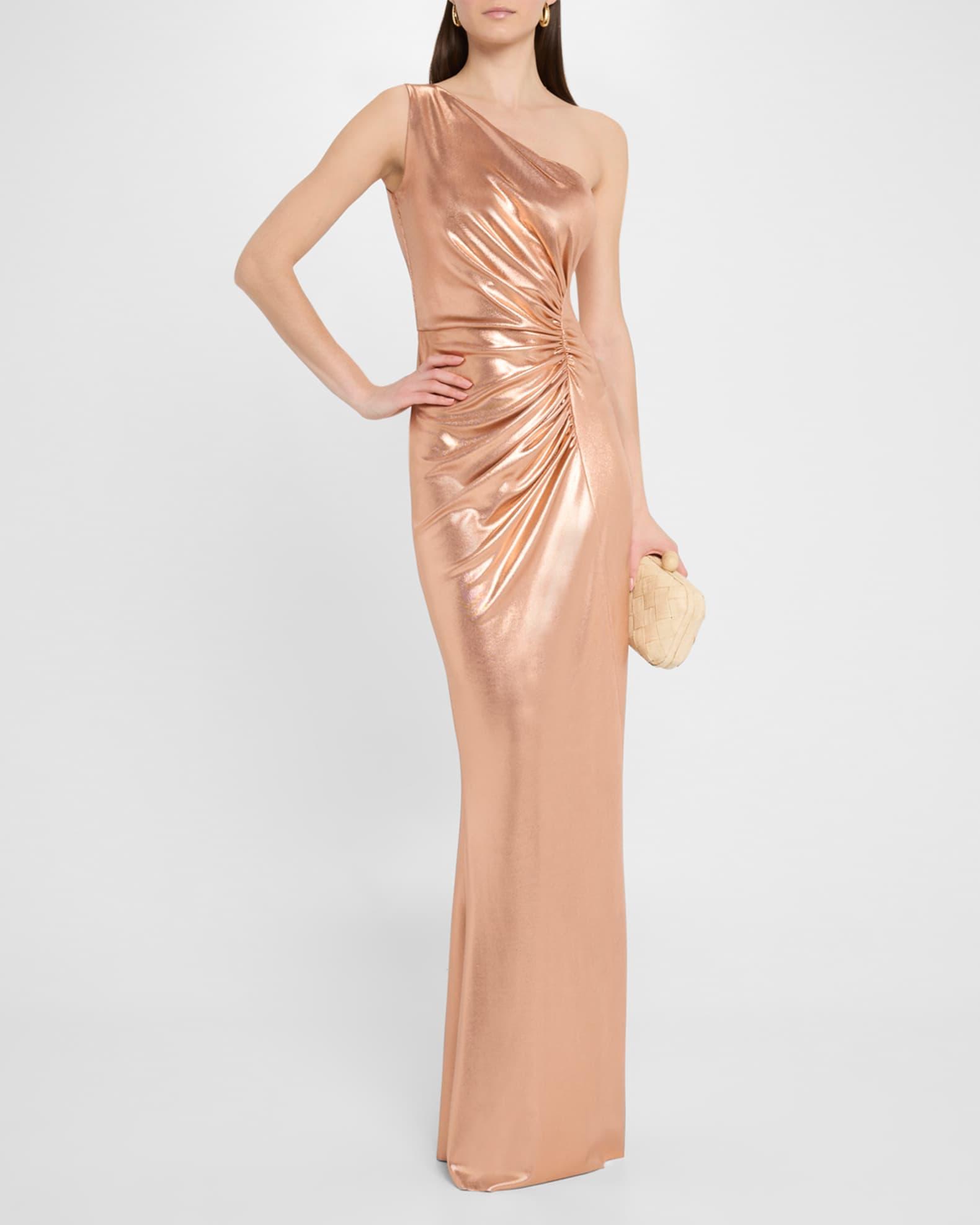 One-Shoulder Ruched Metallic Gown Product Image