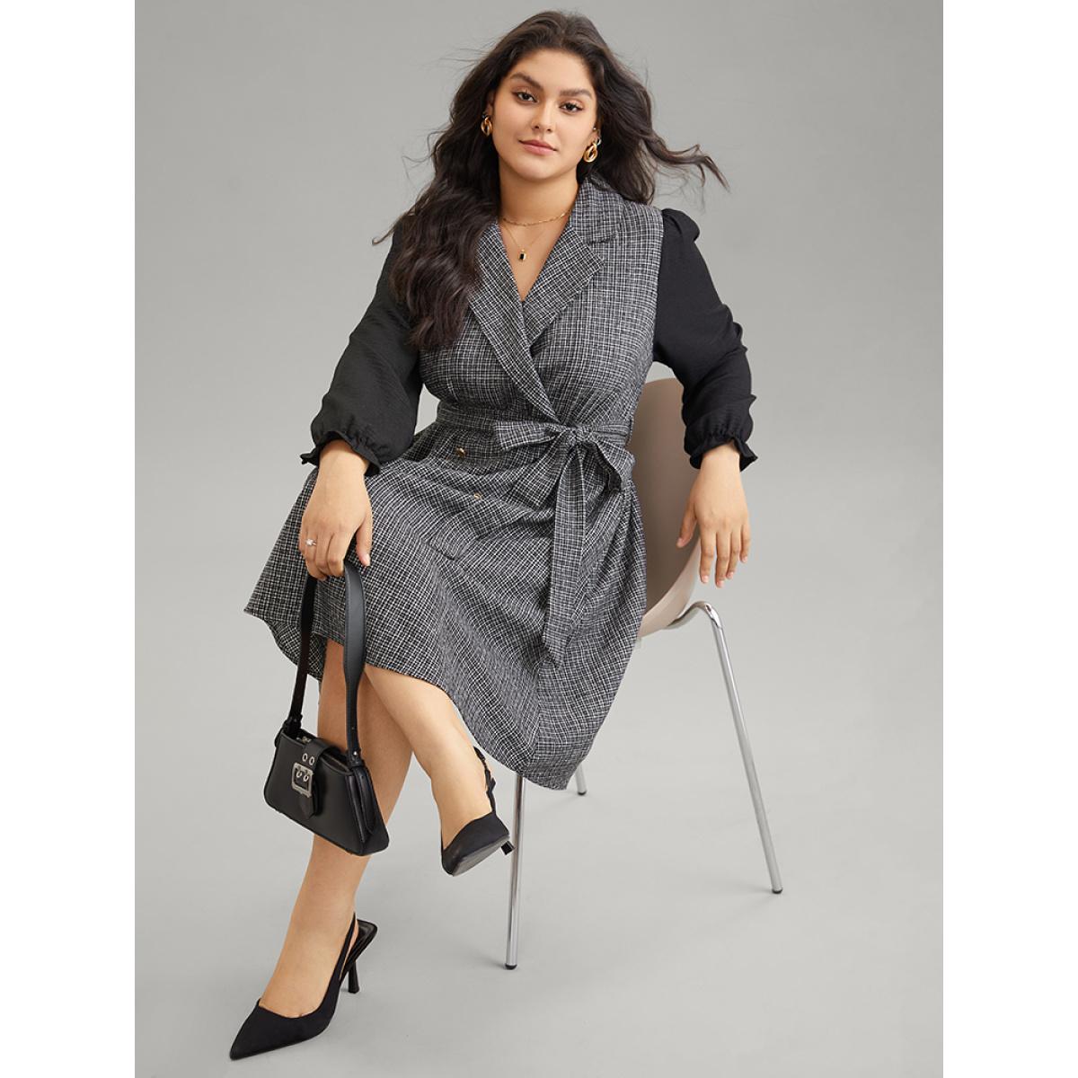 Plus Size Tweed Suit Collar Belted Button Detail Dress Black Women Office Texture Suit Collar Long Sleeve Curvy Midi Dress BloomChic 14-16/1X Product Image
