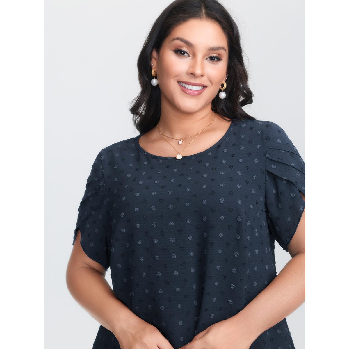 Plus Size Indigo Textured Color Contrast Petal Sleeve Blouse Women Timeless Short sleeve Round Neck Elegant Blouses BloomChic 14-16/1X Product Image