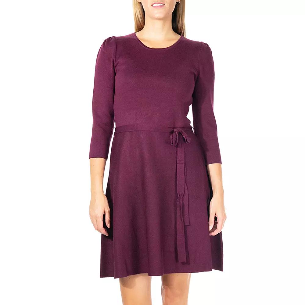 Women's Nina Leonard Belted 3/4 Sleeve Fit & Flare Sweater Dress, Size: XL, Deep Red Product Image