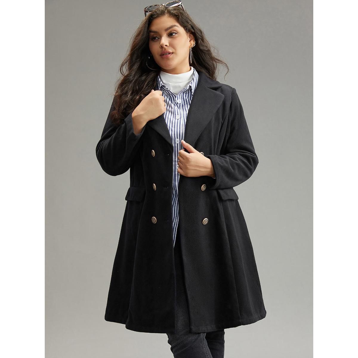 Plus Size Lapel Collar Double Breasted Pocket Coat Women Black Casual Plain Ladies Dailywear Winter Coats BloomChic 18-20/2X Product Image