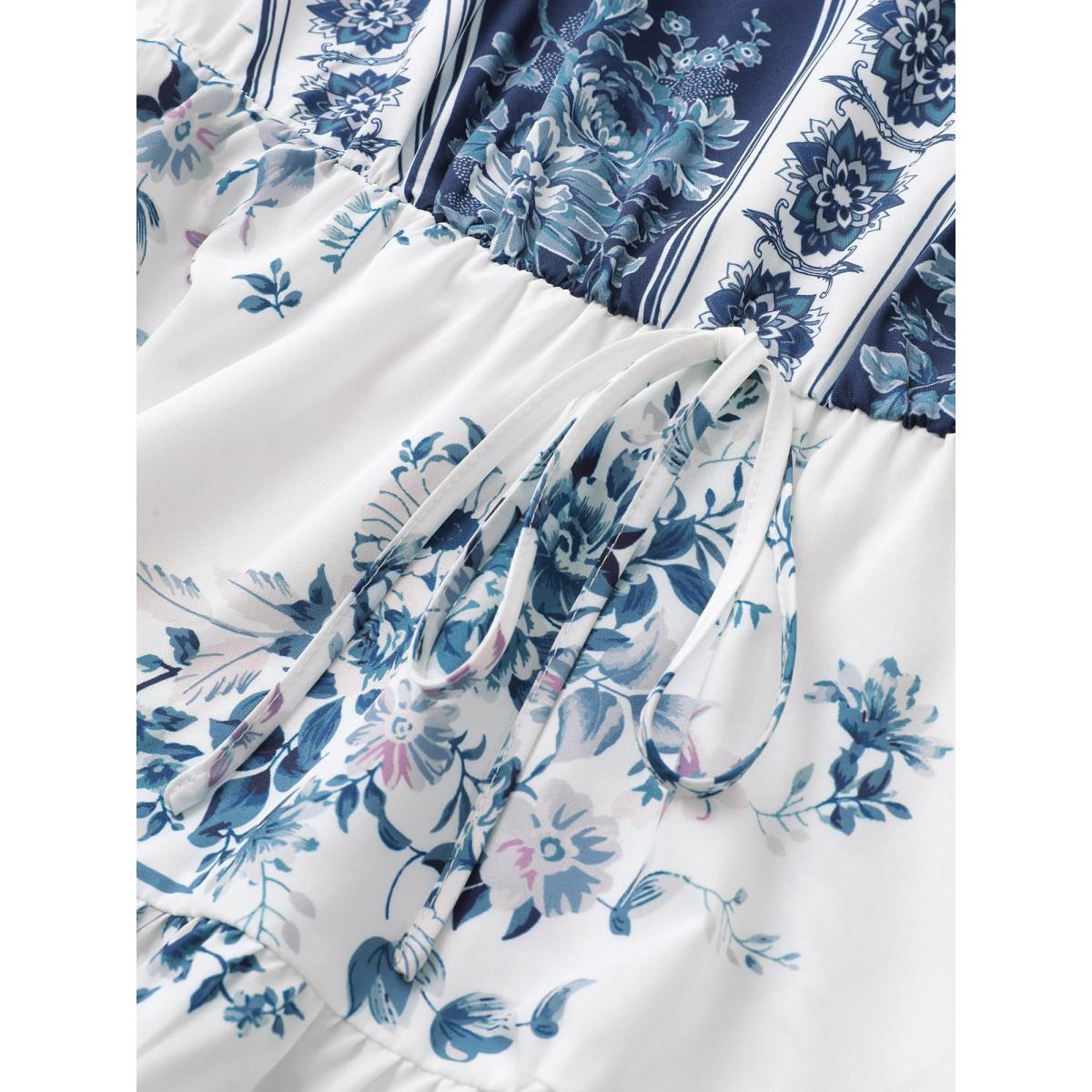 Plus Size Stone Boho Print Elastic Waist Ties Gathered Blouse Women Resort Elbow-length sleeve V-neck Vacation Blouses BloomChic 30/6X Product Image