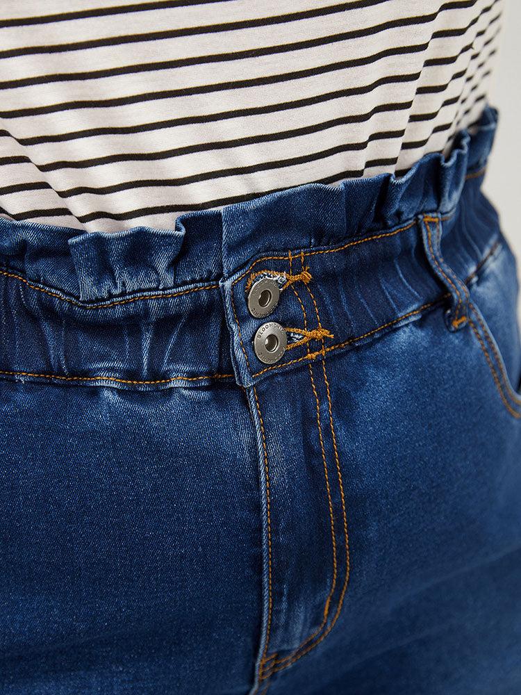 Very Stretchy High Rise Medium Wash Paperbag Waist Denim Shorts Female Product Image