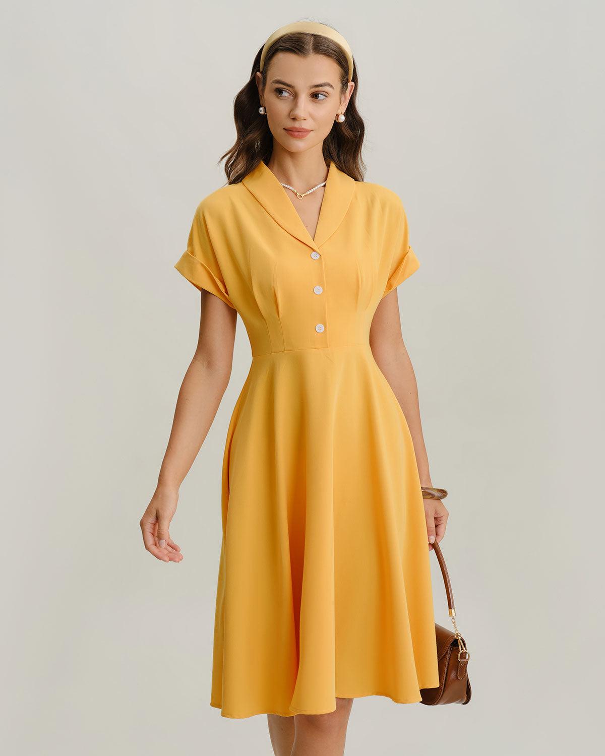 Yellow Cowl Sleeve Pleated Midi Dress Product Image