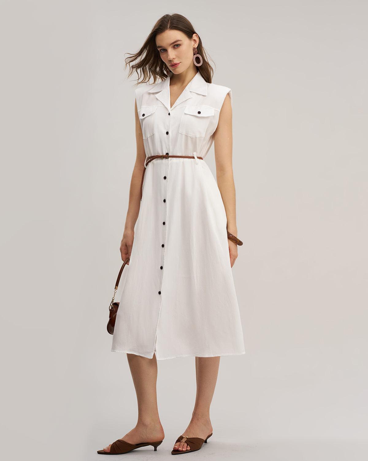 White Sleeveless Belted Midi Dress Product Image