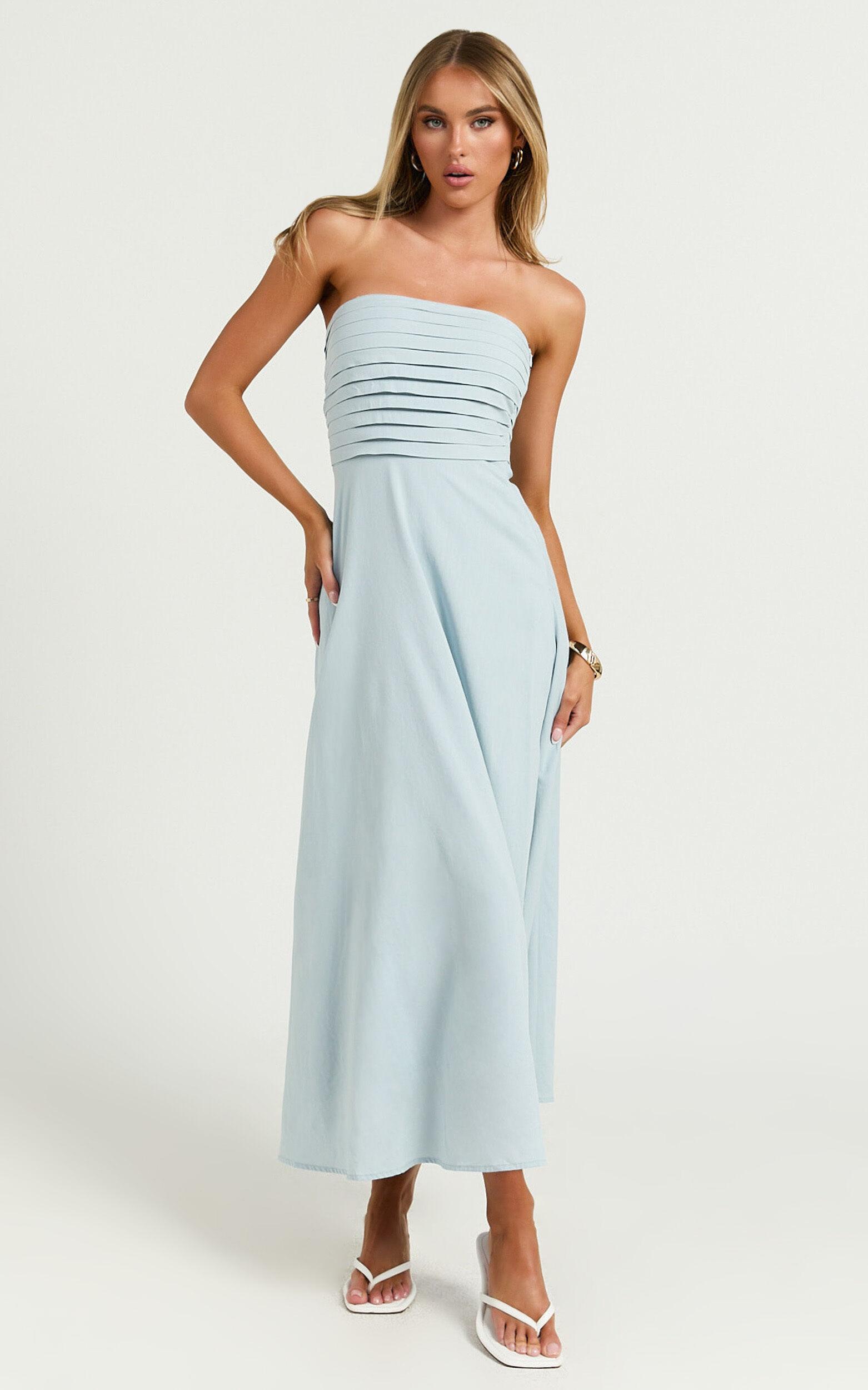 Barbra Midi Dress - Strapless Ruched Bodice Dress in Blue Product Image