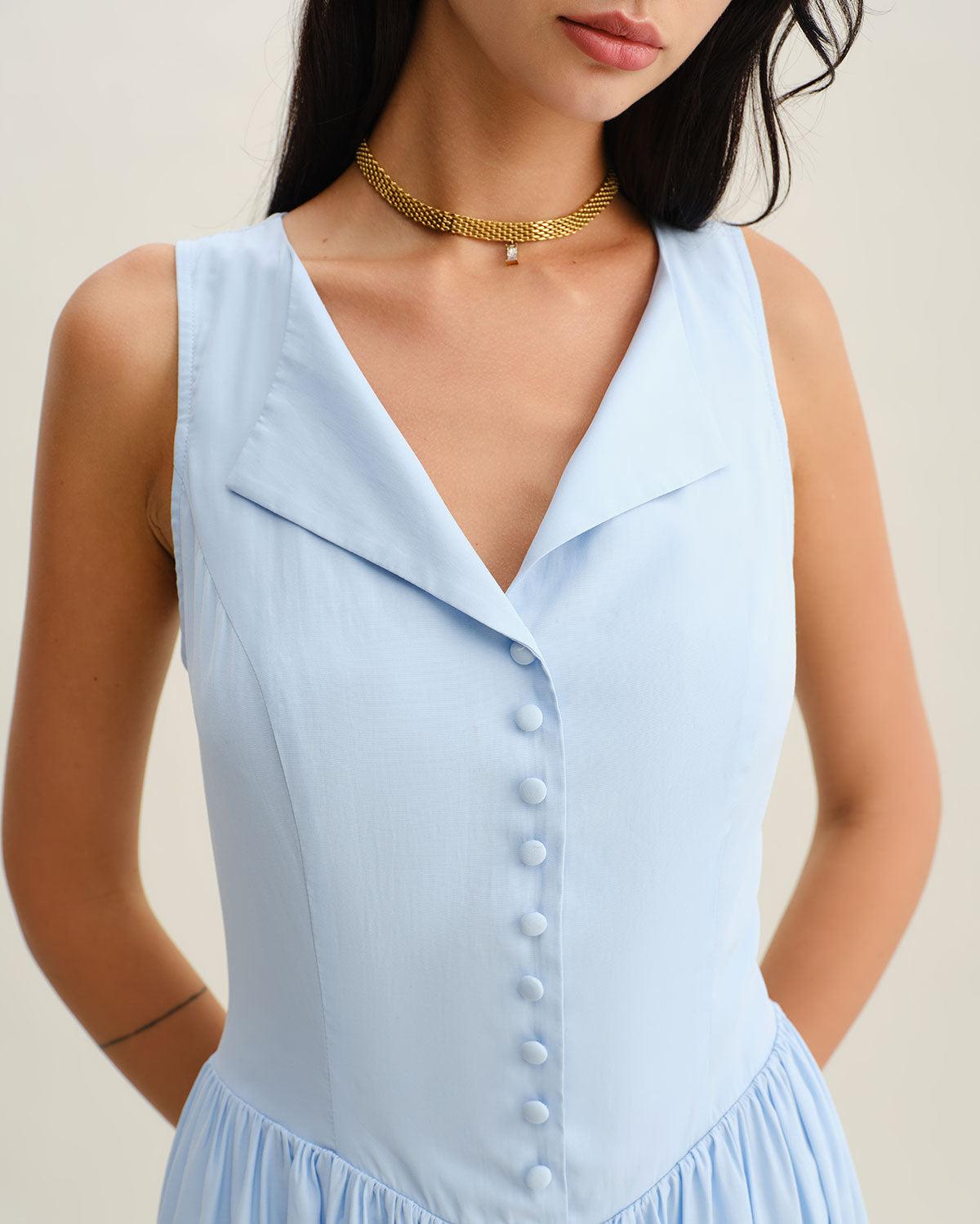 Blue V Neck Button Sleeveless Midi Dress Product Image